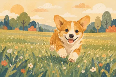 Joyful Corgi Puppy Running at Sunrise