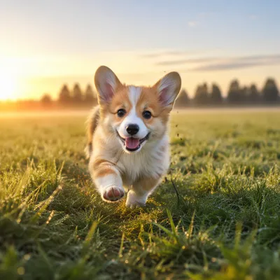 Joyful Corgi Puppy Running Through Meadow