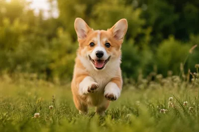 Joyful Corgi Puppy Running Through Grass