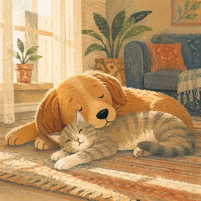 Peaceful Dog and Cat Resting Together
