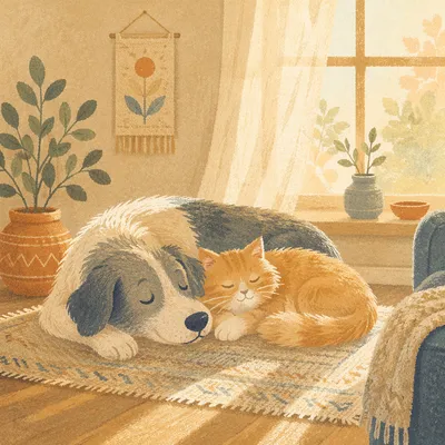Peaceful Dog and Cat Resting Together