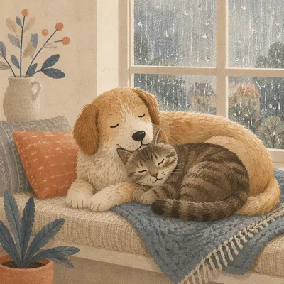 Peaceful Dog and Cat Resting Together