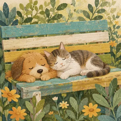 Peaceful Dog and Cat Garden Companionship