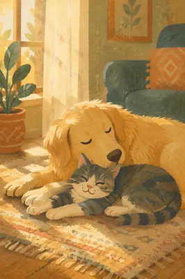 Peaceful Dog and Cat Resting Together
