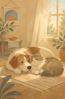 Peaceful Dog and Cat Resting Together