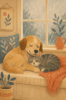 Peaceful Dog and Cat Resting Together