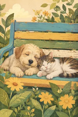 Peaceful Dog and Cat Garden Companionship
