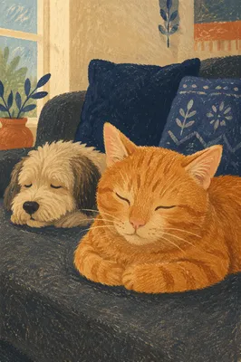 Peaceful Dog and Cat Resting Together