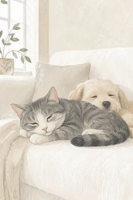 Peaceful Dog and Cat Resting Together