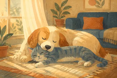 Peaceful Dog and Cat Resting Together
