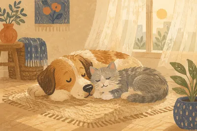 Peaceful Dog and Cat Resting Together