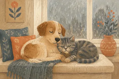 Peaceful Dog and Cat Resting Together