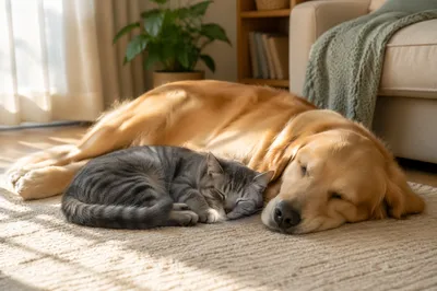 Golden Retriever and Tabby Cat Resting