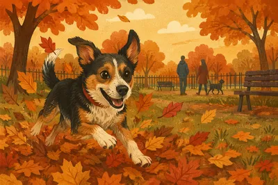 Joyful Dog Running Through Autumn Park