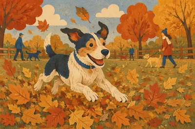 Joyful Dog Running Through Autumn Leaves
