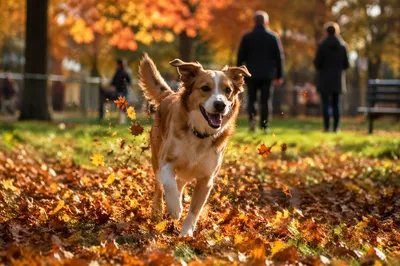 Joyful Dog Running Through Autumn Park
