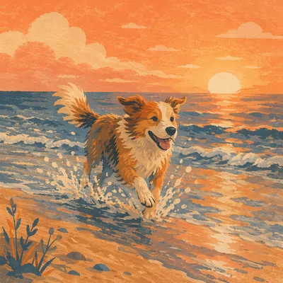 Joyful Dog Running at Sunset Beach