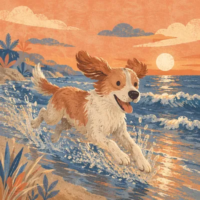 Joyful Dog Splashing at Sunset Beach