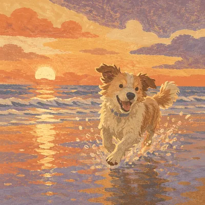 Joyful Dog Running at Sunset Beach