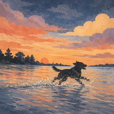 Playful Dog Silhouette at Beach Sunset