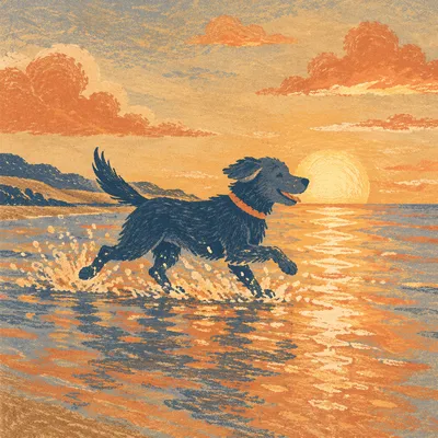 Joyful Dog Running at Sunset Beach