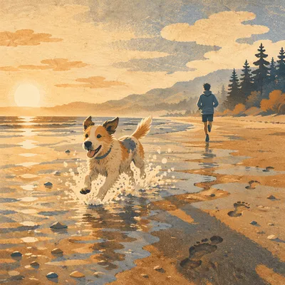 Joyful Dog Splashing at Sunset Beach