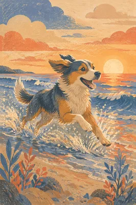 Joyful Dog Splashing at Sunset Beach