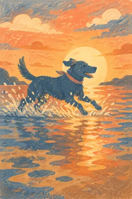 Joyful Dog Running at Sunset Shore