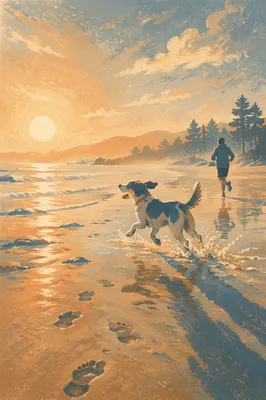 Joyful Dog Running at Sunset Beach