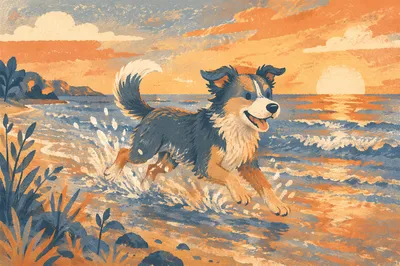Joyful Dog Running Through Sunset Surf