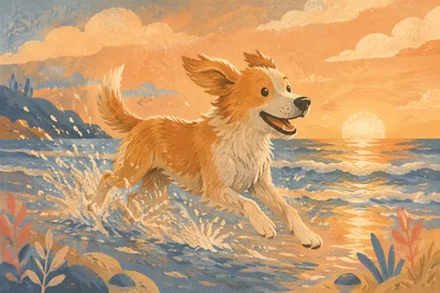 Joyful Dog Running Through Sunset Surf