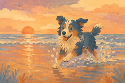 Joyful Dog Running Through Sunset Surf