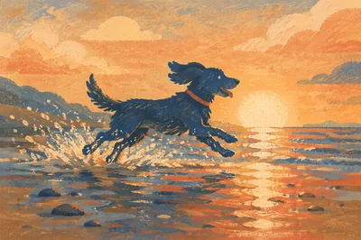 Joyful Dog Running Through Sunset Surf