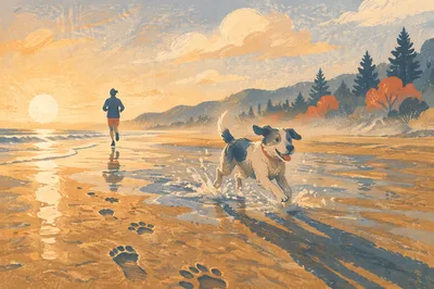 Joyful Dog Splashing at Sunset Beach