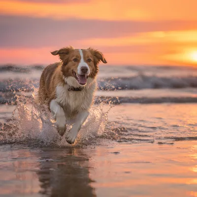 Joyful Dog Running at Beach Sunset