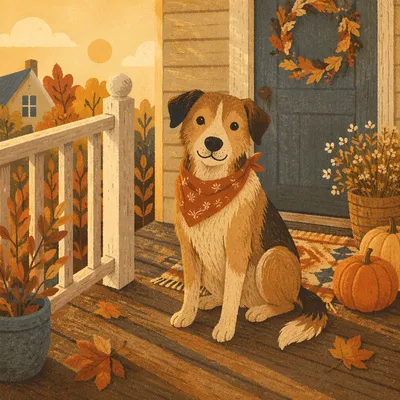 Friendly Dog on Autumn Front Porch