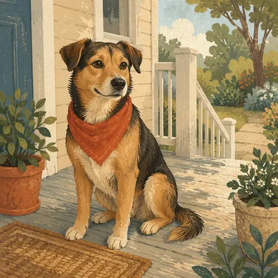 Friendly Dog with Bandana on Porch