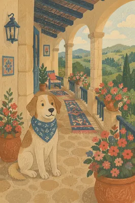 Friendly Dog on Flowered Front Porch