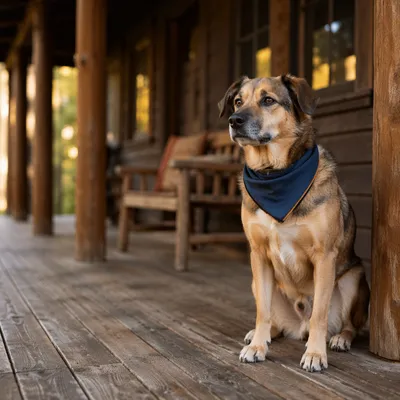 Friendly Dog with Bandana on Porch