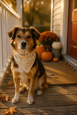 Friendly Dog with Bandana on Autumn Porch