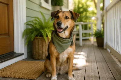 Friendly Dog with Bandana on Porch