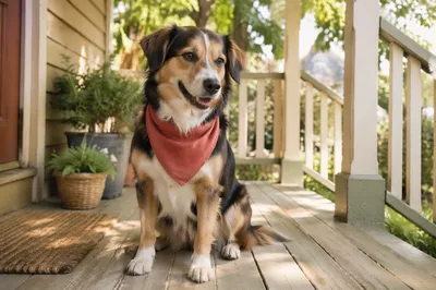 Friendly Dog with Bandana on Porch