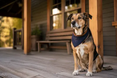 Friendly Dog in Bandana on Rustic Porch