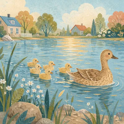 Mother Duck and Ducklings on Spring Pond