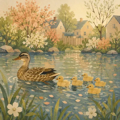 Duck Family Gliding on Spring Pond