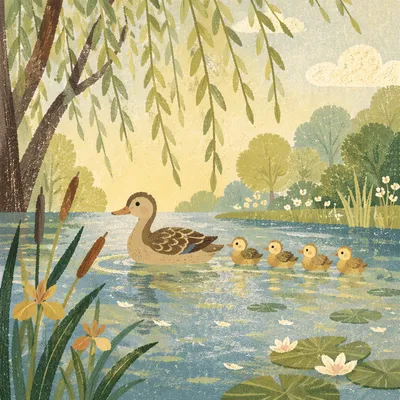 Duck Family Swimming on Spring Pond