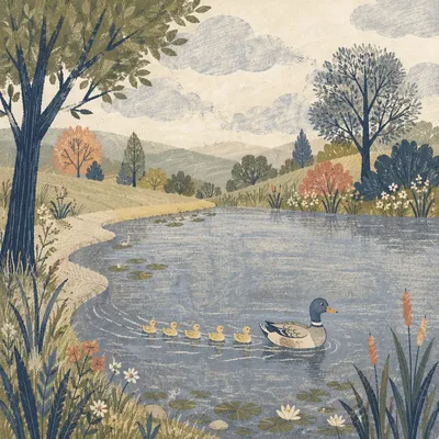 Mother Duck and Ducklings on Spring Pond