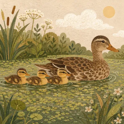 Mother Duck and Ducklings on Spring Pond