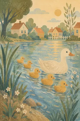 Duck Family Swimming on Spring Pond
