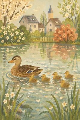 Duck Family Gliding Across Spring Pond